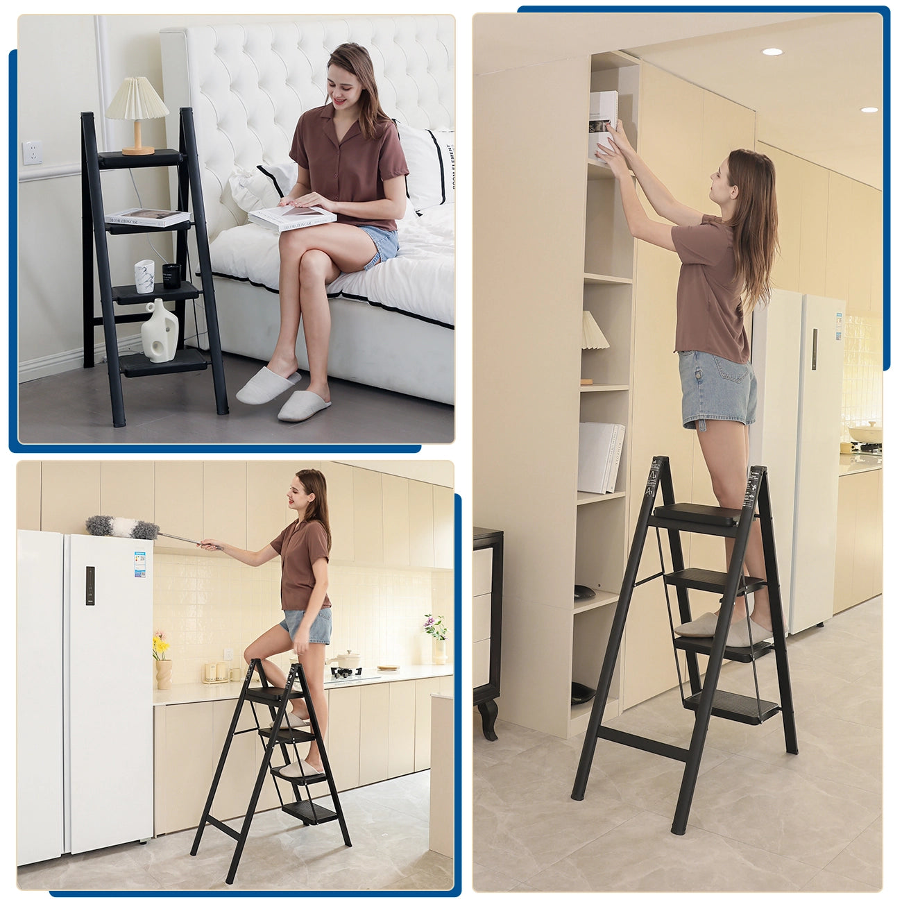 Double Elite® step ladder 4 step folding, sturdy 330 lbs max load step stool for adults, 36 inch tall step stool foldable, black