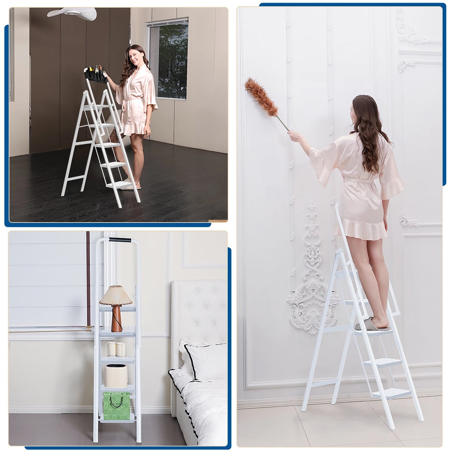 Double Elite® step ladder 5 step folding with handrails, sturdy 330 lbs max load step stool for adults, 45 inch tall step stool foldable, white