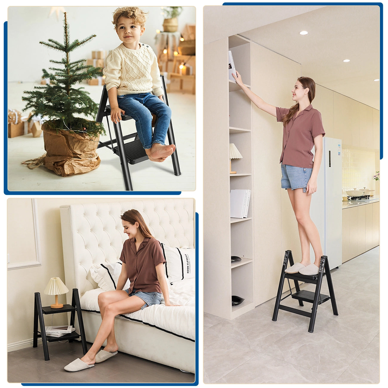 Double Elite® step ladder 2 step folding, sturdy 330 lbs max load step stool for adults, 17 inch tall step stool foldable, black