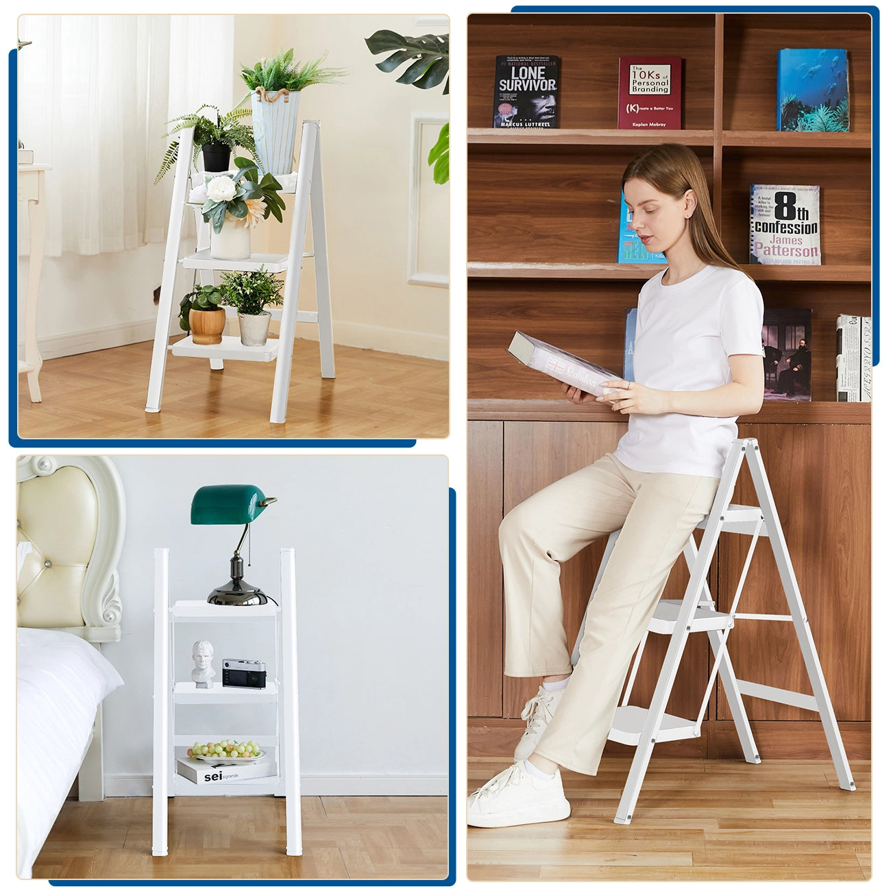 Double Elite® step ladder 3 step folding, sturdy 330 lbs max load step stool for adults, 26 inch tall step stool foldable, white