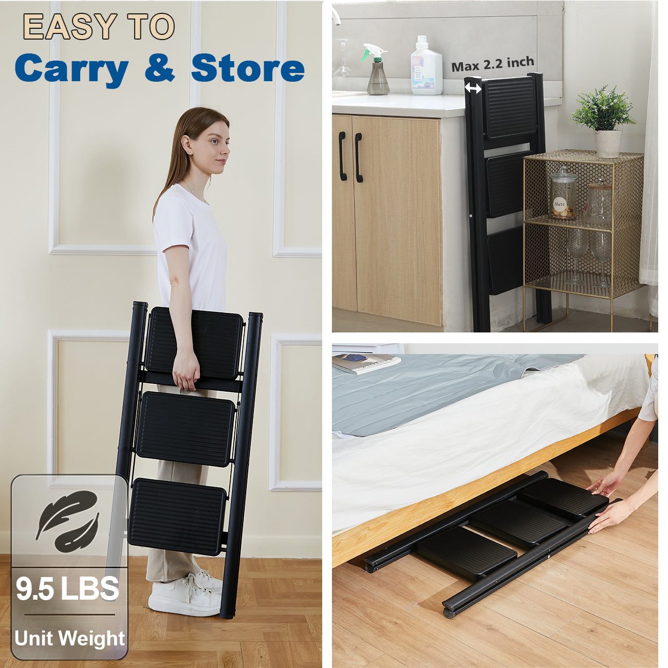 Double Elite Step Ladder 3 Step Folding, Sturdy 320 Lbs Load Small Step Stool for Adults, Safer Full Steel Multi-use Kitchen Ladder for Home, Closet Step Stool Ladder with Wide Pedals, Black, 3-Step
