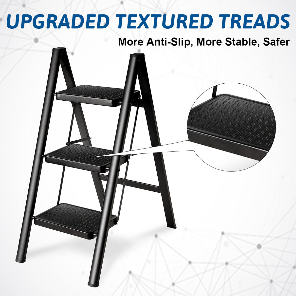 Folding 3 Step Ladder, Sturdy Small Step Stool for Adults, Safer Full Steel Multi-use Kitchen Ladder for Home, Closet Step Stool Ladder with Wide Pedals, Black, 3-Step