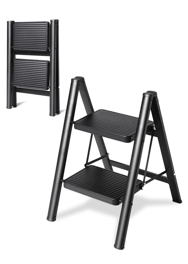 Double Elite® step ladder 2 step folding, sturdy 330 lbs max load step stool for adults, 17 inch tall step stool foldable, black