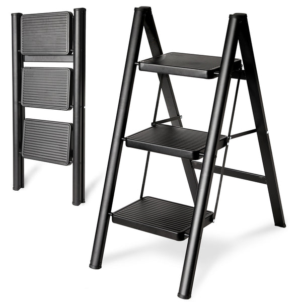 Double Elite® step ladder 3 step folding, sturdy 330 lbs max load step stool for adults, 26 inch tall step stool foldable, black