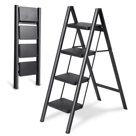Double Elite® step ladder 4 step folding, sturdy 330 lbs max load step stool for adults, 36 inch tall step stool foldable, black