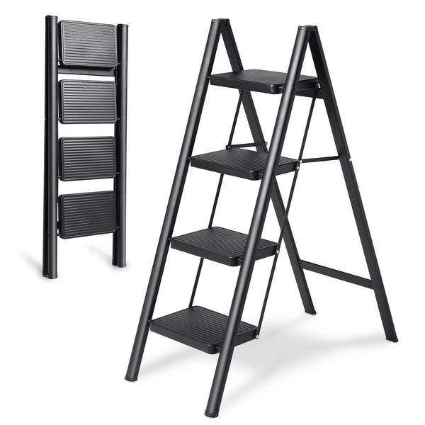 Double Elite® step ladder 4 step folding, sturdy 330 lbs max load step stool for adults, 36 inch tall step stool foldable, black