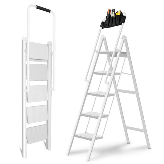 Double Elite® step ladder 5 step folding with handrails, sturdy 330 lbs max load step stool for adults, 45 inch tall step stool foldable, white