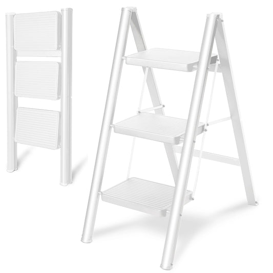 Double Elite® step ladder 3 step folding, sturdy 330 lbs max load step stool for adults, 26 inch tall step stool foldable, white