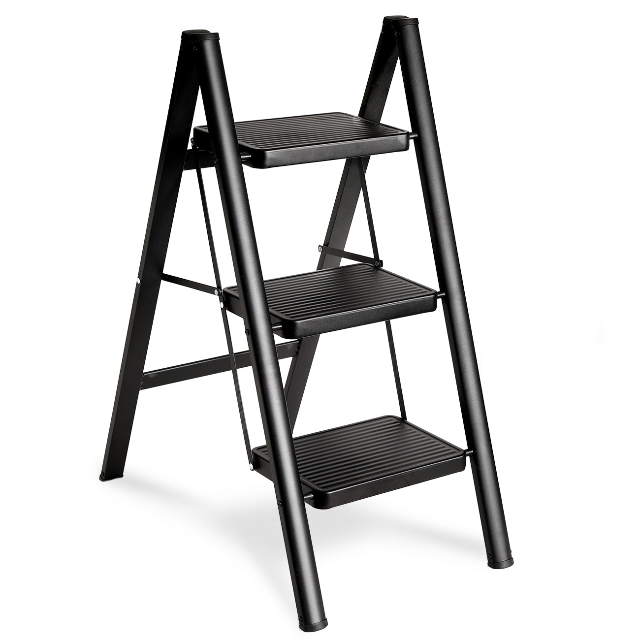 Double Elite Step Ladder 3 Step Folding, Sturdy 320 Lbs Load Small Step Stool for Adults, Safer Full Steel Multi-use Kitchen Ladder for Home, Closet Step Stool Ladder with Wide Pedals, Black, 3-Step