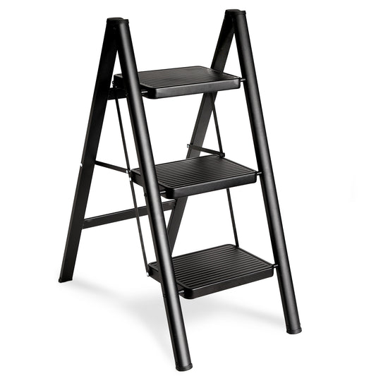 Double Elite Step Ladder 3 Step Folding, Sturdy 320 Lbs Load Small Step Stool for Adults, Safer Full Steel Multi-use Kitchen Ladder for Home, Closet Step Stool Ladder with Wide Pedals, Black, 3-Step