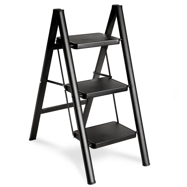 Double Elite Step Ladder 3 Step Folding, Sturdy 320 Lbs Load Small Step Stool for Adults, Safer Full Steel Multi-use Kitchen Ladder for Home, Closet Step Stool Ladder with Wide Pedals, Black, 3-Step