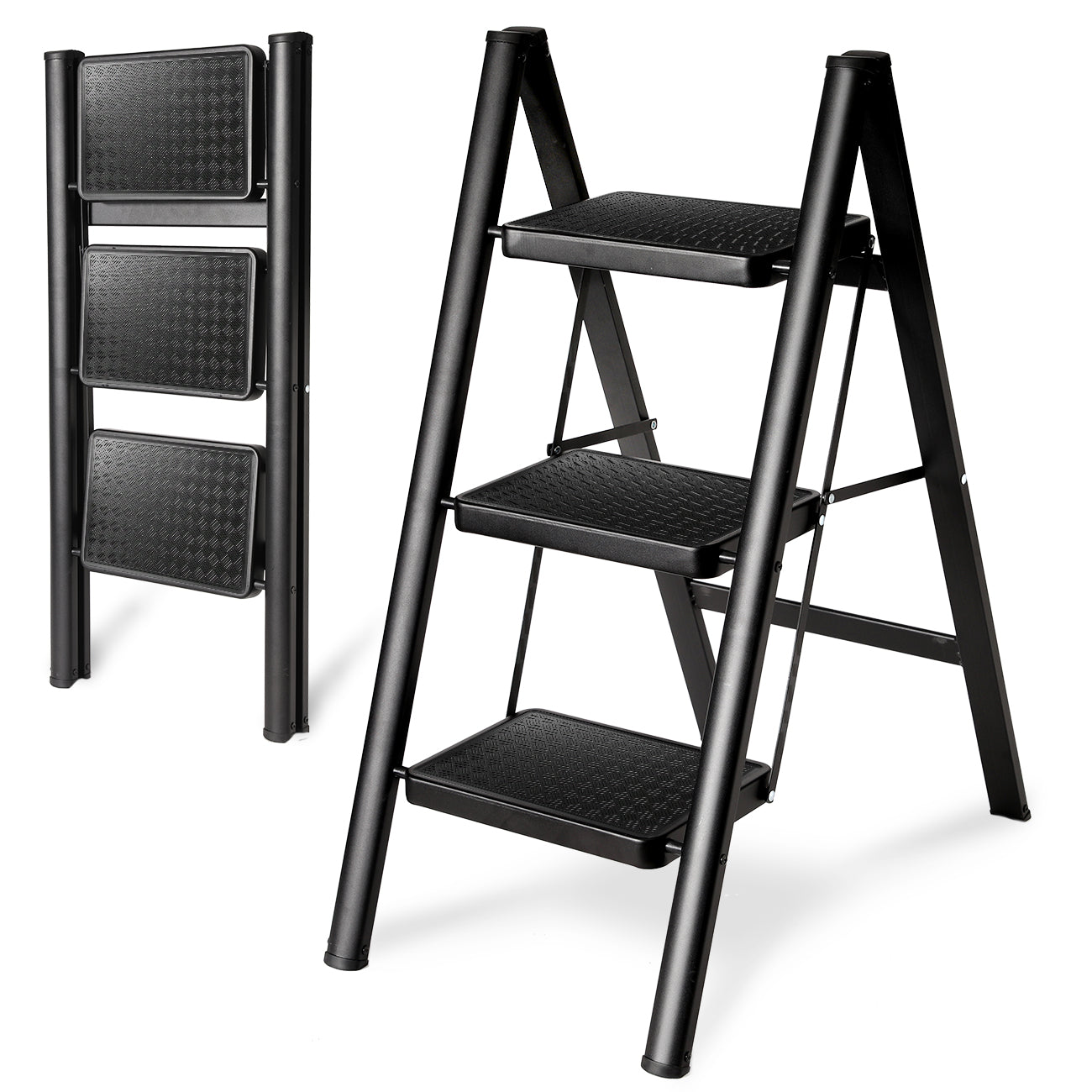 Folding 3 Step Ladder, Sturdy 330 Lbs Load Small Step Stool for Adults, Safer Full Steel Multi-use Kitchen Ladder for Home, Closet Step Stool Ladder with Wide Pedals, Black, 3-Step