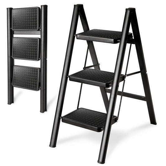 Folding 3 Step Ladder, Sturdy 330 Lbs Load Small Step Stool for Adults, Safer Full Steel Multi-use Kitchen Ladder for Home, Closet Step Stool Ladder with Wide Pedals, Black, 3-Step