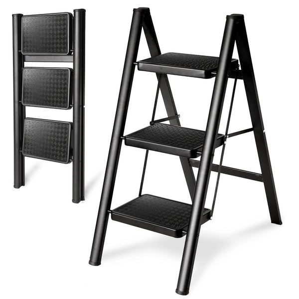Folding 3 Step Ladder, Sturdy 330 Lbs Load Small Step Stool for Adults, Safer Full Steel Multi-use Kitchen Ladder for Home, Closet Step Stool Ladder with Wide Pedals, Black, 3-Step