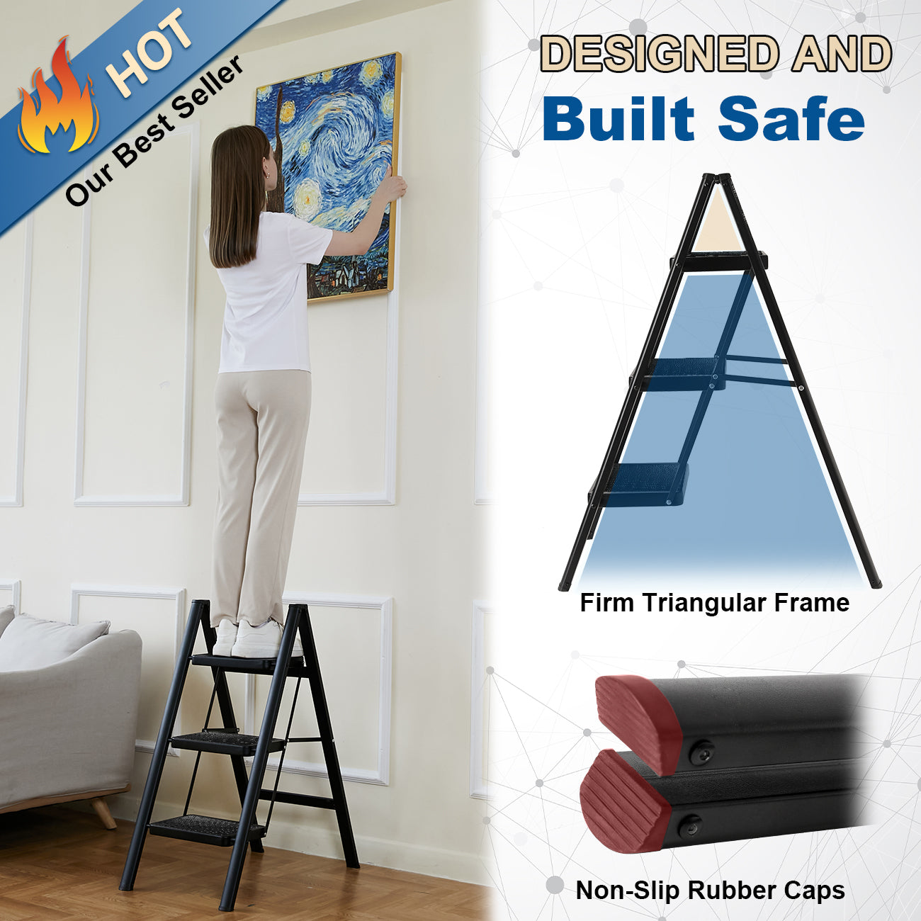 Folding 3 Step Ladder, Sturdy 330 Lbs Load Small Step Stool for Adults, Safer Full Steel Multi-use Kitchen Ladder for Home, Closet Step Stool Ladder with Wide Pedals, Black, 3-Step