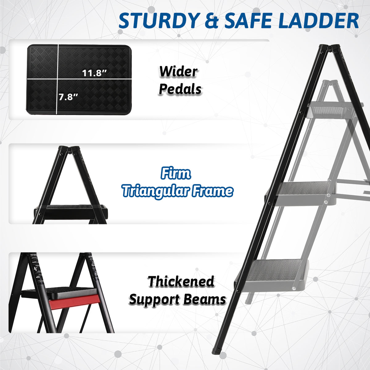 Folding 3 Step Ladder, Sturdy Small Step Stool for Adults, Safer Full Steel Multi-use Kitchen Ladder for Home, Closet Step Stool Ladder with Wide Pedals, Black, 3-Step