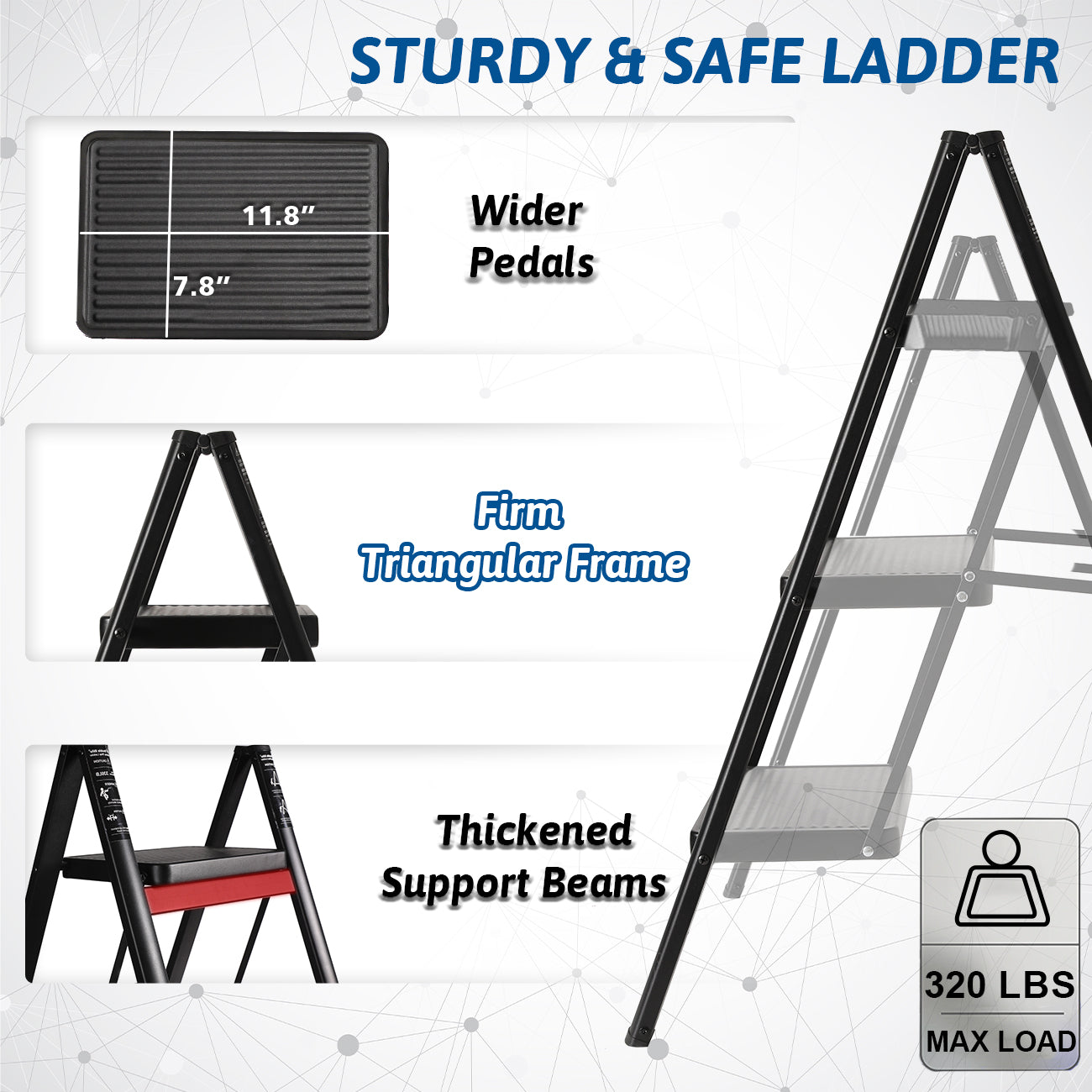 Double Elite Step Ladder 3 Step Folding, Sturdy 320 Lbs Load Small Step Stool for Adults, Safer Full Steel Multi-use Kitchen Ladder for Home, Closet Step Stool Ladder with Wide Pedals, Black, 3-Step