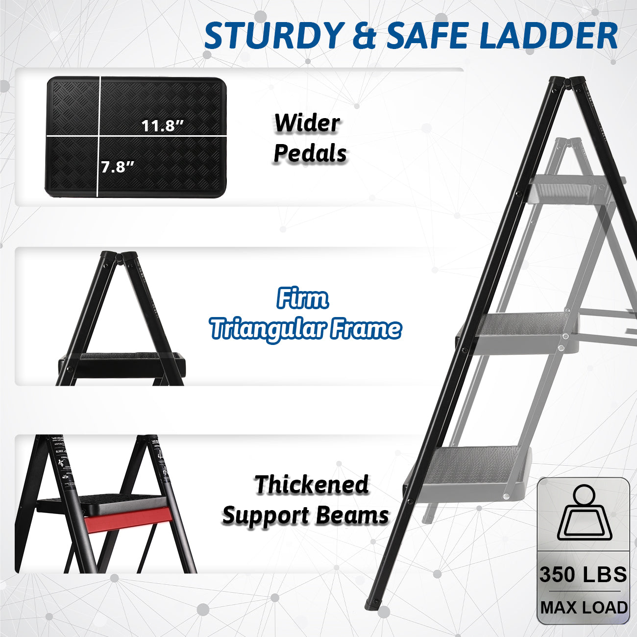 Folding 3 Step Ladder, Sturdy 330 Lbs Load Small Step Stool for Adults, Safer Full Steel Multi-use Kitchen Ladder for Home, Closet Step Stool Ladder with Wide Pedals, Black, 3-Step
