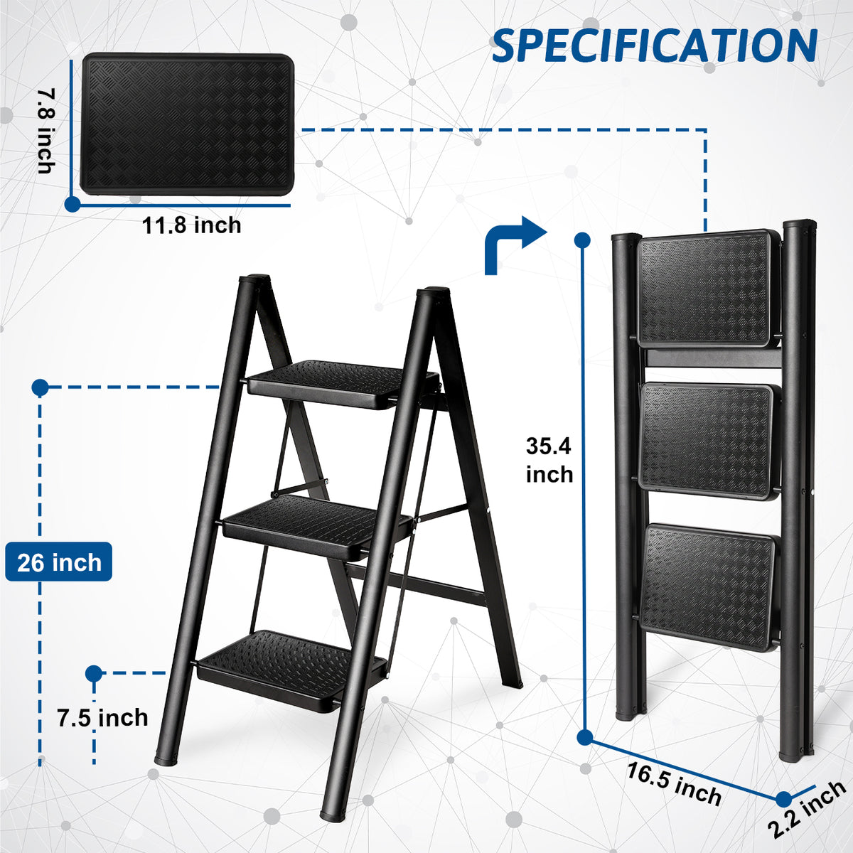 Folding 3 Step Ladder, Sturdy Small Step Stool for Adults, Safer Full Steel Multi-use Kitchen Ladder for Home, Closet Step Stool Ladder with Wide Pedals, Black, 3-Step