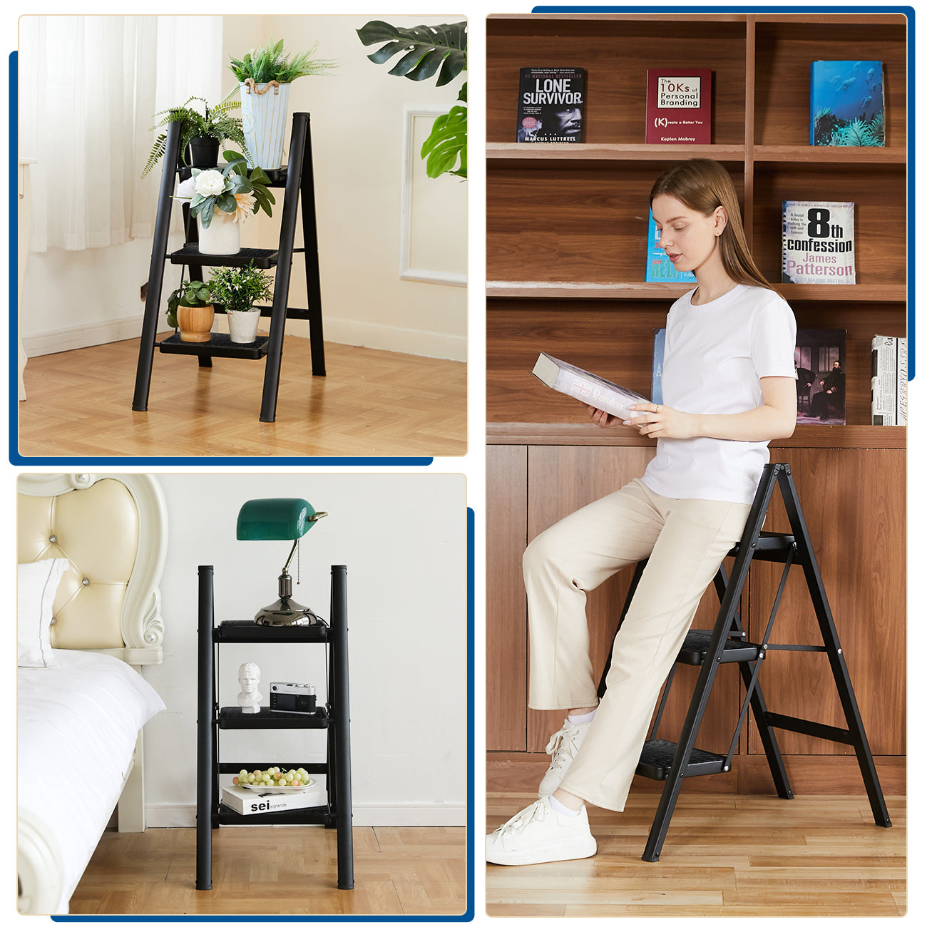 Folding 3 Step Ladder, Sturdy 330 Lbs Load Small Step Stool for Adults, Safer Full Steel Multi-use Kitchen Ladder for Home, Closet Step Stool Ladder with Wide Pedals, Black, 3-Step